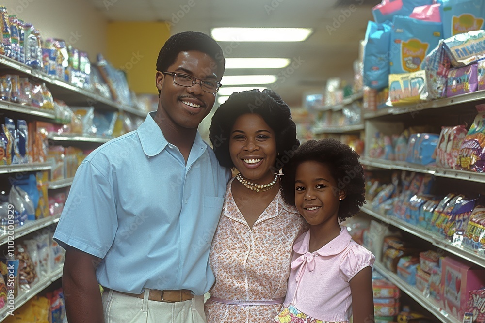 Obraz premium Family enjoying a shopping trip in a colorful grocery aisle in the late afternoon of the 1970s