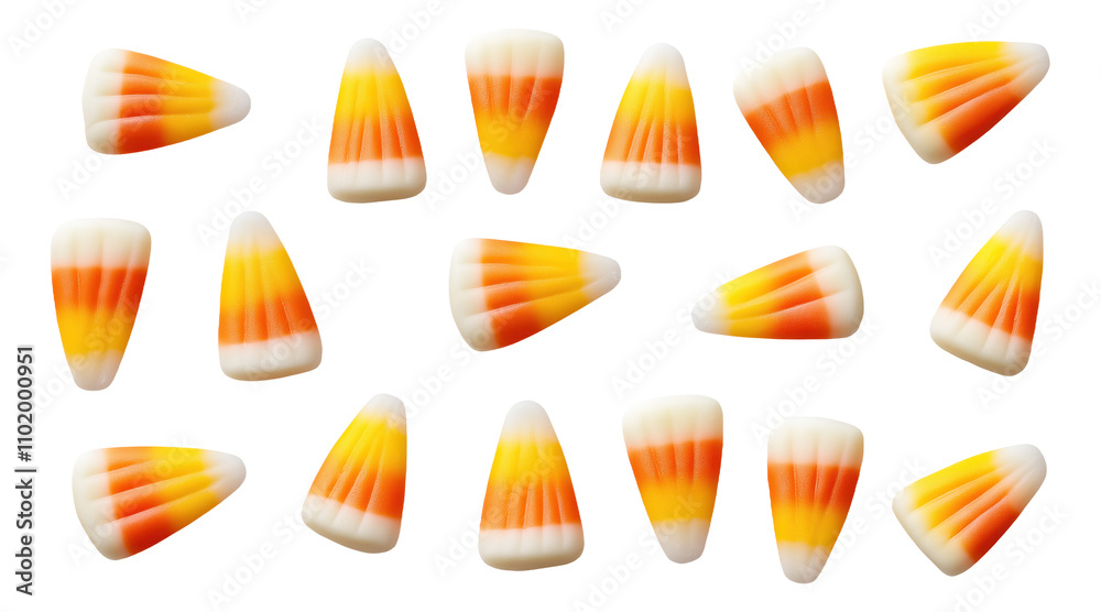Obraz premium Candy corn pieces scattered on a white background