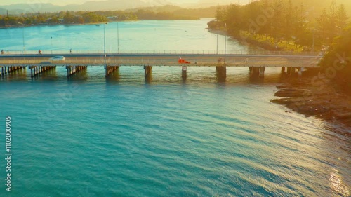 Sunset Aerial View of Gold Coast Bridge and River