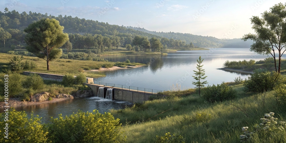 Obraz premium Lake with a small dam and surrounding vegetation, calm surface, dam, peaceful landscape