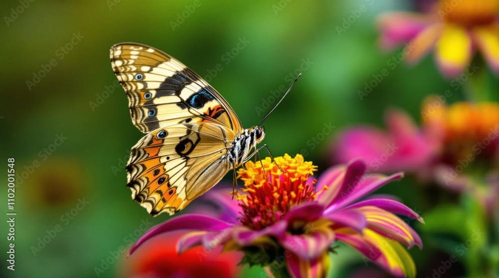 Close-up of a colorful butterfly perched on a vibrant flower with blurred green background. Nature photography. Pollination and biodiversity concept for design and education Close-up of a colorful butterfly perched on a vibrant flower with blurred green background. Nature photography. Pollination and biodiversity concept for design and education