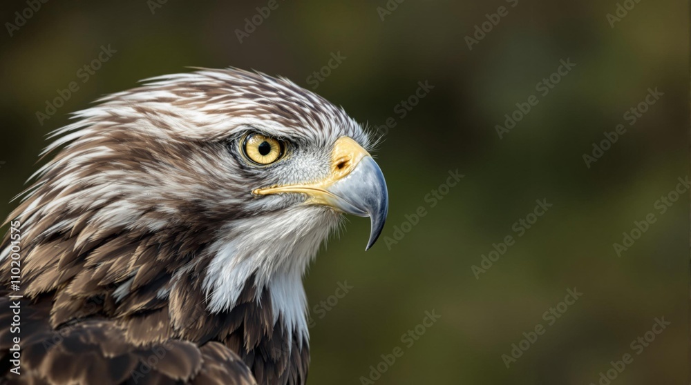 Close-up portrait of a hawk with sharp beak and intense yellow eye against blurred natural background. Wildlife photography. Bird of prey and conservation awareness concept