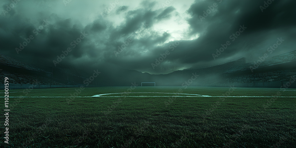 A dark green grass football field, a foggy sky, and dark clouds set the scene for a soccer stadium background. A dark green grass football field, a foggy sky, and dark clouds set the scene for a soccer stadium background.
