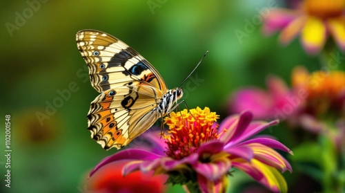 Close-up of a colorful butterfly perched on a vibrant flower with blurred green background. Nature photography. Pollination and biodiversity concept for design and education