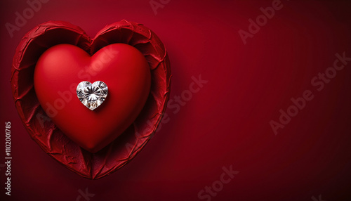 Red heart-shaped cushion with a diamond on deep red background and copy space, Valentine's Day Celebration background