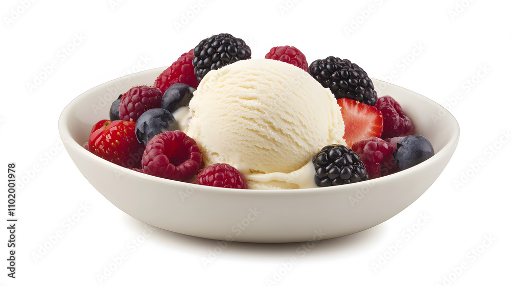 scoop of vanilla ice cream served in bowl with fresh mixed berries including strawberries, raspberries, blueberries, and blackberries, creating delightful dessert scoop of vanilla ice cream served in bowl with fresh mixed berries including strawberries, raspberries, blueberries, and blackberries, creating delightful dessert