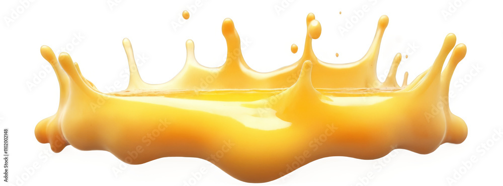 Dynamic 3D orange juice splash in crown shape with various droplets on transparent background, fresh and vibrant. Dynamic 3D orange juice splash in crown shape with various droplets on transparent background, fresh and vibrant.