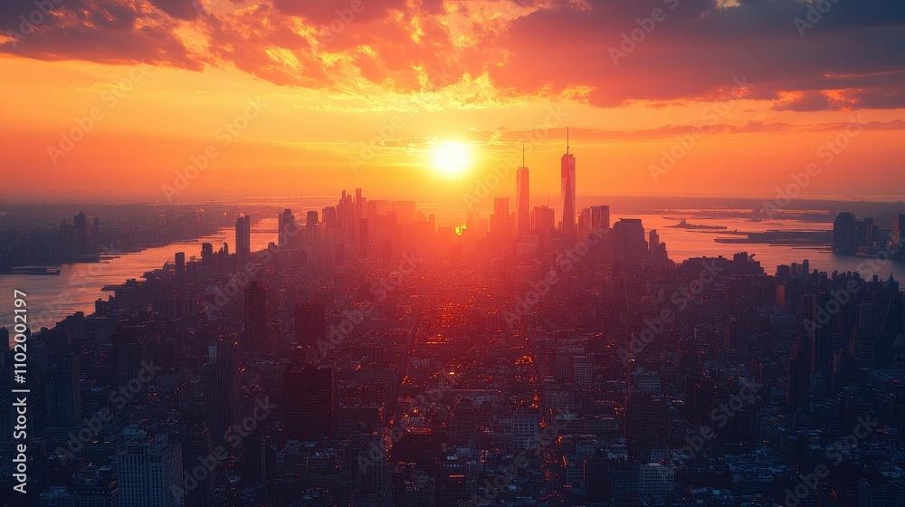 Fototapeta premium Vibrant sunset over a sprawling cityscape, sun rays illuminating buildings.