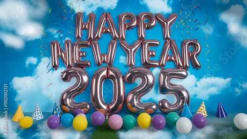 A photo of a happy new year 2025 celebration. There is a large, colorful balloon that says 