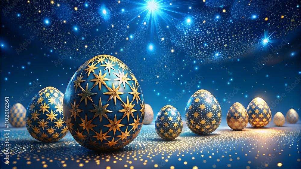 Starry Blue Night with Glowing Golden Easter Egg Patterns and Copy Space. Perfect for: Easter, Nighttime events, Luxury designs Starry Blue Night with Glowing Golden Easter Egg Patterns and Copy Space. Perfect for: Easter, Nighttime events, Luxury designs
