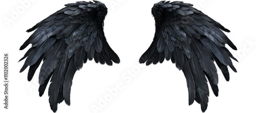 Symmetrical black angel wings with glossy shine on transparent background, creating a striking visual impact.