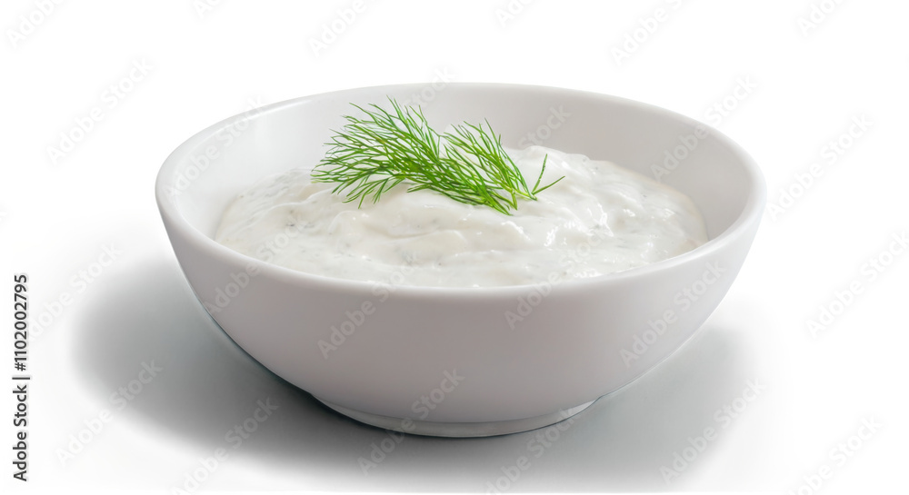 Creamy white sour cream or yogurt with fresh dill on transparent background in round white bowl, organic look. Creamy white sour cream or yogurt with fresh dill on transparent background in round white bowl, organic look.