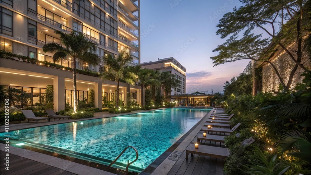 Luxurious hotel pool with glowing LED lights, sleek architecture, ambient lighting Luxurious hotel pool with glowing LED lights, sleek architecture, ambient lighting