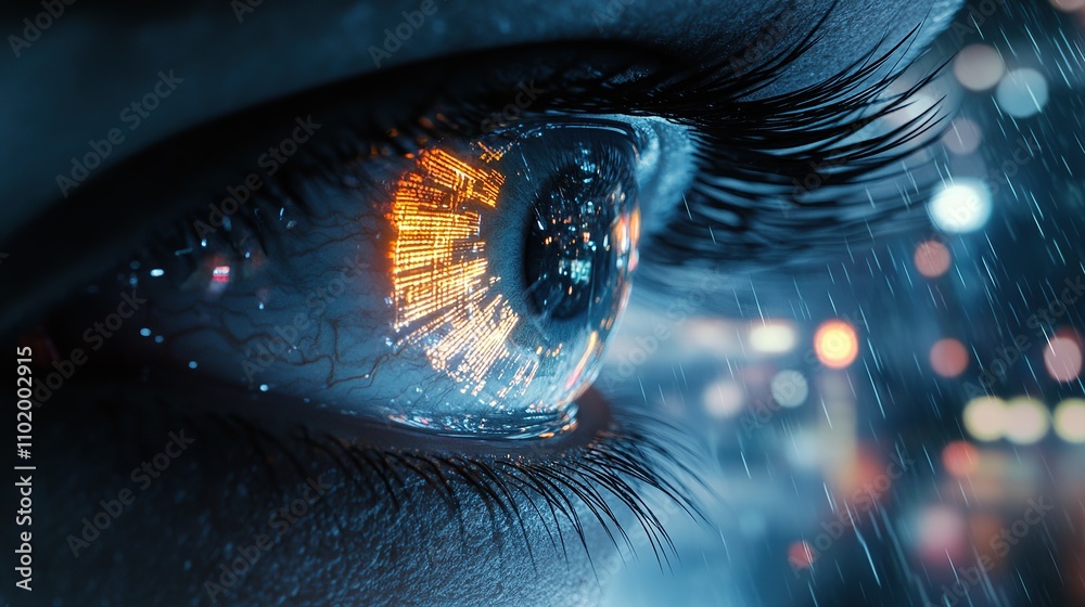 A close-up of an eye reflecting a futuristic cityscape in vibrant colors. A close-up of an eye reflecting a futuristic cityscape in vibrant colors.