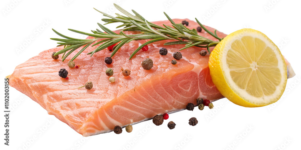 Slice of raw fish salmon with lemon, rosemary and spices isolated. Slice of raw fish salmon with lemon, rosemary and spices isolated.