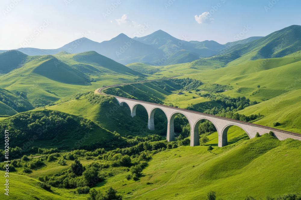 Fototapeta premium Railway bridge crossing a valley, surrounded by rolling hills and mountains under a blue sky