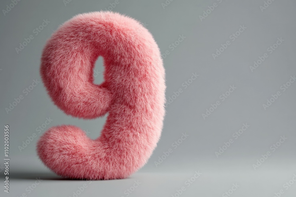 3d hairy fluffy font number 9, furry alphabet, pink number 9 isolated white background