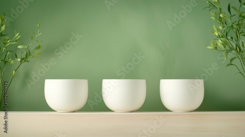 Minimalist home decor white bowls on wooden table indoor space modern style tranquil viewpoint aesthetic concept