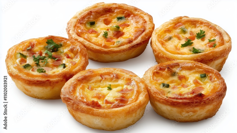 A plate of five mini quiches with cheese and vegetables. The quiches are arranged in a row and are golden brown A plate of five mini quiches with cheese and vegetables. The quiches are arranged in a row and are golden brown