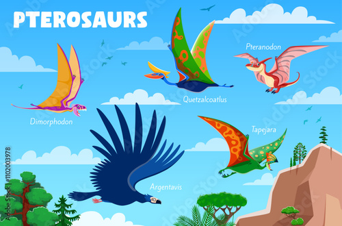 Prehistoric dinosaur flying pterosaur characters vector extinct dinosaur birds. Cartoon funny pteranodon, dimorphodon and argentavis, quetzalcoatlus and tapejara dinosaur personages flying in blue sky
