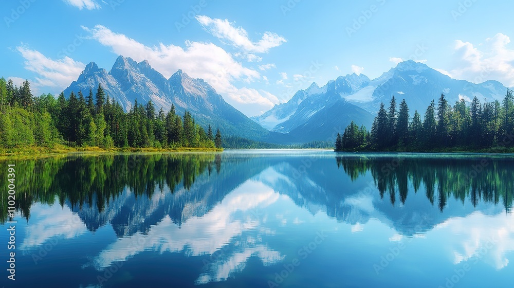 A scenic background with a mountain range reflected in a calm, crystal-clear lake A scenic background with a mountain range reflected in a calm, crystal-clear lake