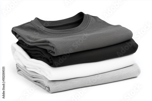 stack of white, black and gray shirts. The white shirt is on the bottom, the black shirt is in the middle and the gray shirt is on top