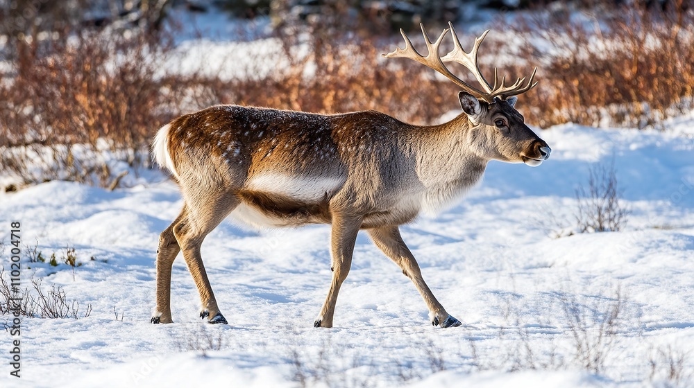 A reindeer walking through a snowy landscape with antlers. A reindeer walking through a snowy landscape with antlers.