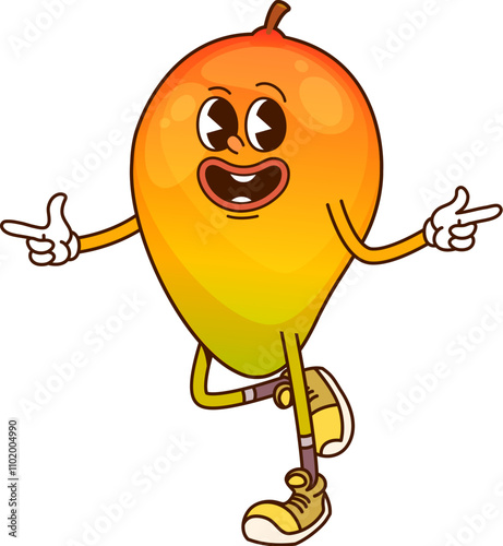 Cartoon funny groovy mango fruit character. Vector cheerful, tropical, ripe and healthy fruity personage with expressive eyes and sneakers happily smiling, showcasing a friendly and positive y2k vibes