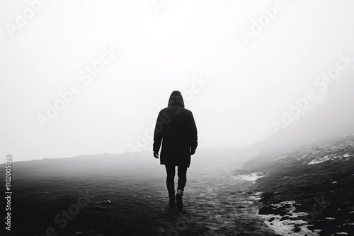 A person walking through a desolate, monochrome landscape, no color in sight, symbolizing the bleakness and lack of joy in depression.