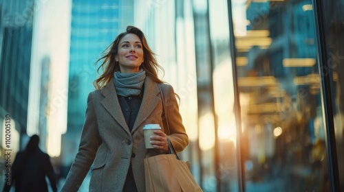 A mother walking briskly into her office building with a confident expression, holding a tote bag in one hand and a coffee cup in the other. The modern urban background reflects a busy professional 