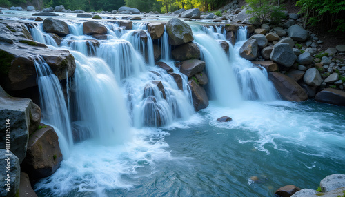 Flowing cascading waterfall with crystal-clear water, dynamic mood, realistic textures, soft lighting