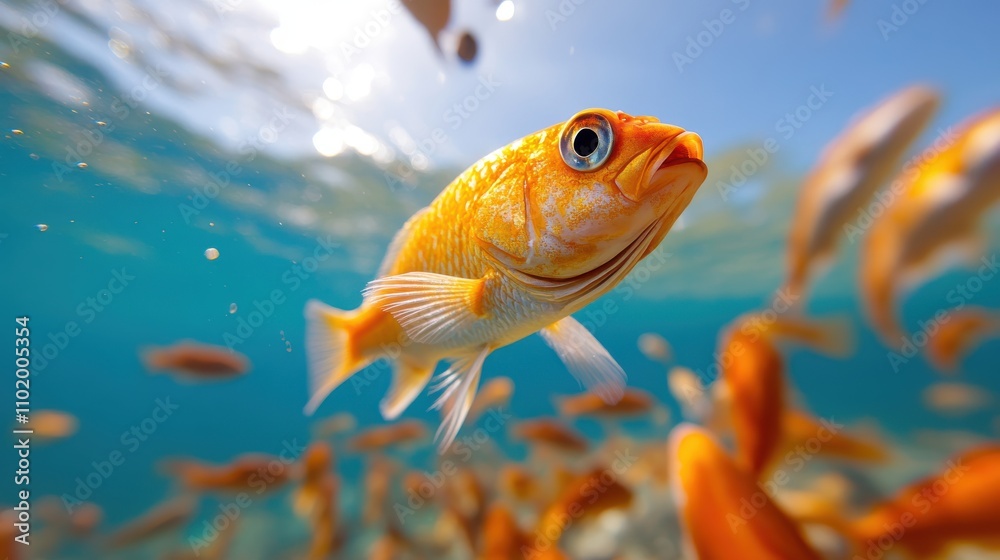 A golden fish moves gracefully amidst shimmering waters, capturing the essence of calmness, elegance, and vibrancy in an enchanting underwater setting. A golden fish moves gracefully amidst shimmering waters, capturing the essence of calmness, elegance, and vibrancy in an enchanting underwater setting.