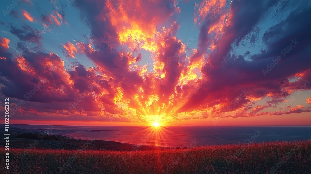 Obraz premium Vibrant sunset over ocean and field.