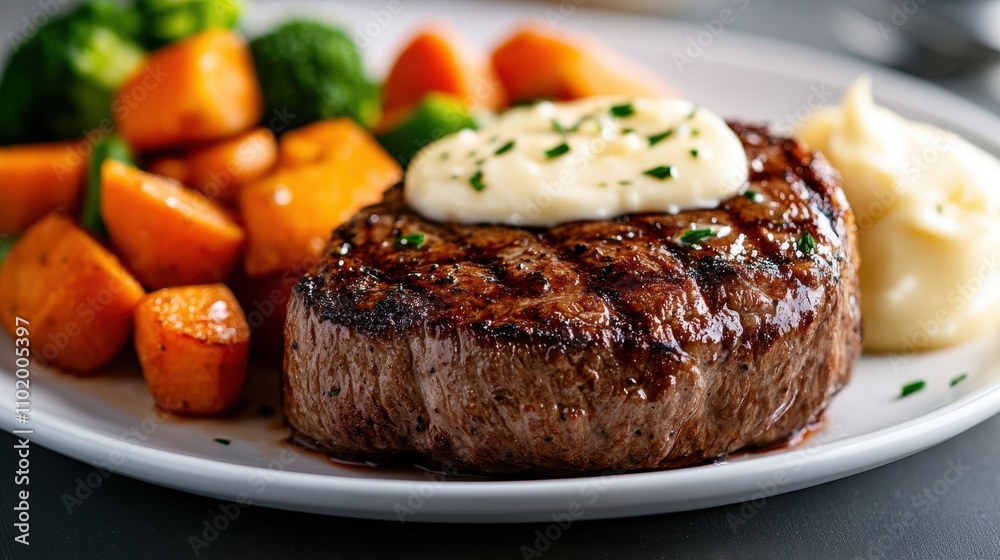 A perfectly grilled steak topped with melting butter sits on a white plate alongside vibrant vegetables, including carrots and broccoli, in a mouthwatering presentation. A perfectly grilled steak topped with melting butter sits on a white plate alongside vibrant vegetables, including carrots and broccoli, in a mouthwatering presentation.