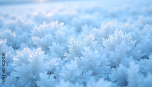 Intricate frosty ice crystals in close-up, serene winter morning, delicate patterns, soft lighting