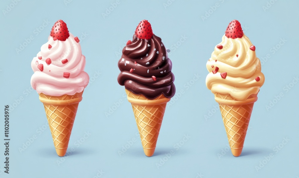 Isometric ice cream cone with scoops of vanilla, chocolate, and strawberry, fun dessert icon, 3D icon set Isometric ice cream cone with scoops of vanilla, chocolate, and strawberry, fun dessert icon, 3D icon set