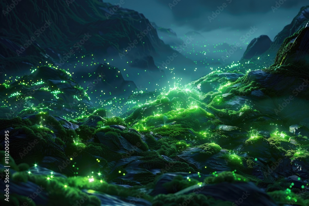 Glowing Green Moss on a Hillside at Night Glowing Green Moss on a Hillside at Night