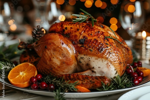 Perfectly roasted turkey garnished with herbs and citrus at a festive dinner setting during the holiday season