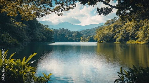 A serene nature background showcasing a tranquil lake surrounded by lush trees and distant hills