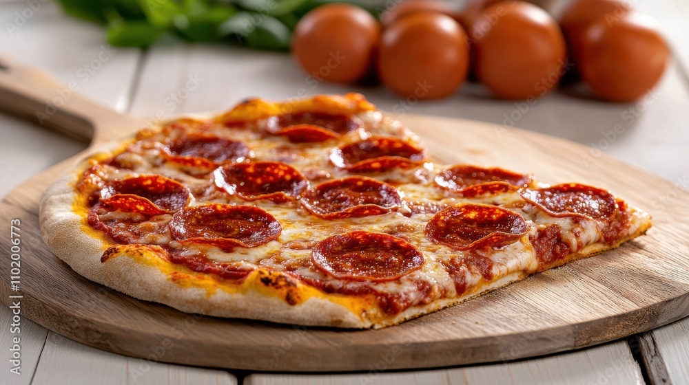 A handcrafted pepperoni pizza presented on a rustic pizza paddle, highlighting the artisan technique with delicious cheese, tangy sauce, and spicy pepperoni. A handcrafted pepperoni pizza presented on a rustic pizza paddle, highlighting the artisan technique with delicious cheese, tangy sauce, and spicy pepperoni.