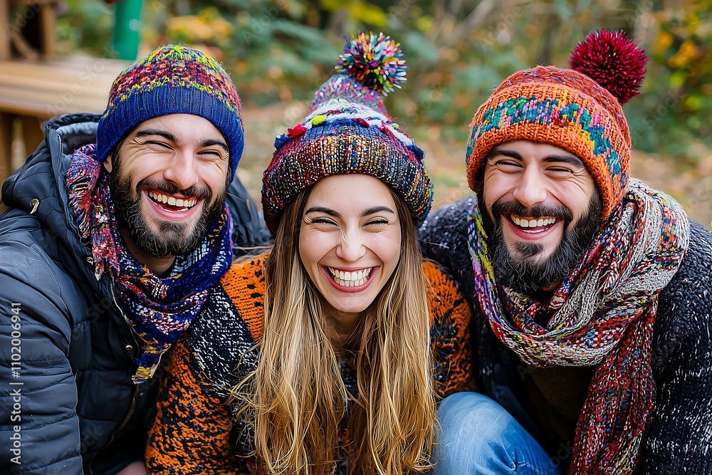 Joyful group of friends laughing outdoors in nature candid photography vibrant fall atmosphere playful spirits