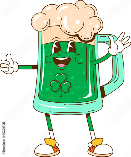 Cartoon retro groovy ale beer character for Patrick day or Irish holiday, vector funny mug. Green ale beer tankard character in retro groovy cartoon with happy face and shamrock for St Patrick Day