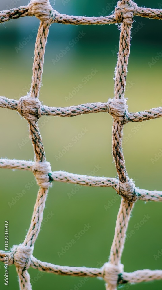 Close-up of a Beige Rope Netting Against a Blurred Green Background. Close-up of a Beige Rope Netting Against a Blurred Green Background.