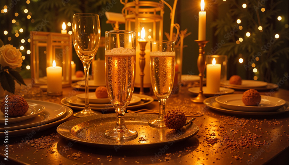 Candlelit table setting with champagne and lanterns Candlelit table setting with champagne and lanterns