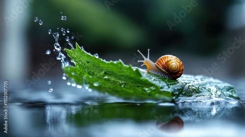 An image capturing a snail resting on a green leaf as water splashes around, providing a dynamic contrast against the calmness of the snail's presence. photo