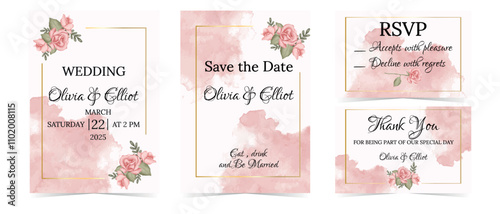 Vector wedding invitation design template with golden frame and watercolor hand drawn roses and leaves. Floral set save the date, thank you, rsvp card. Wedding luxury ornament