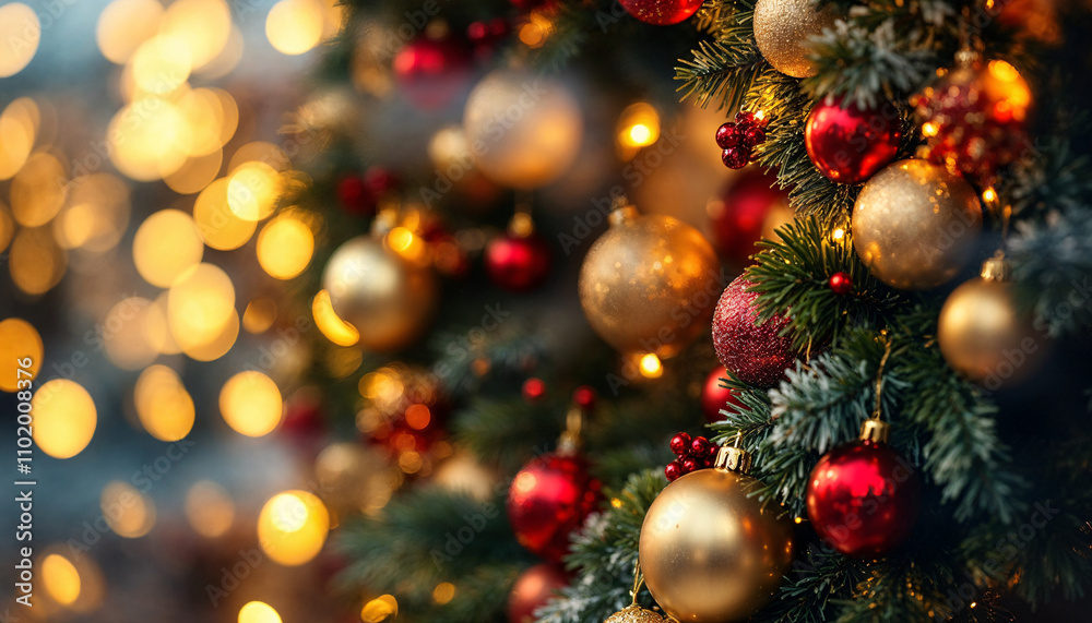 Decorated Christmas tree with golden and red ornaments illuminated by soft warm lights during the holiday season Decorated Christmas tree with golden and red ornaments illuminated by soft warm lights during the holiday season