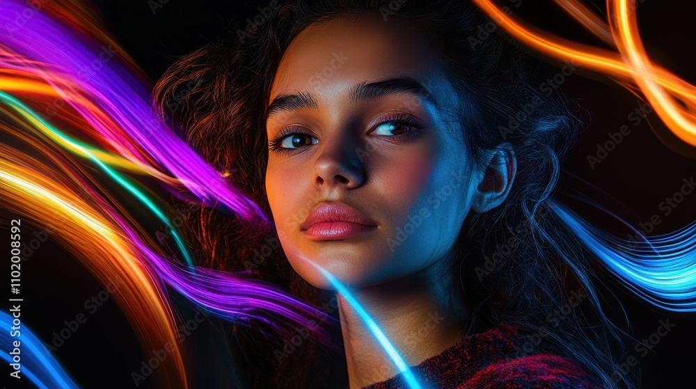 Fototapeta premium Portrait of a young woman surrounded by flowing light streaks, blending elegance with vibrant motion in vivid colors.