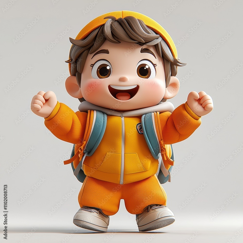 Happy Little Learner: A cheerful 3D rendered illustration of a little boy in a bright yellow outfit, carrying a backpack and radiating joy and excitement. The perfect image for representing childhood.