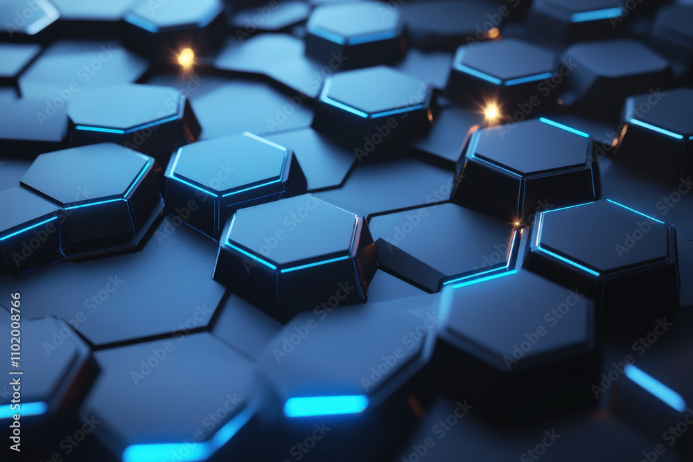 Hexagonal Grid with Futuristic Blue Lights